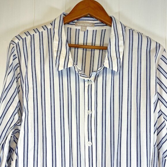 Woman Within Button Up Top Sz 26/28 2XL100% Cotton French Blue Striped‎ Career - Picture 4 of 9